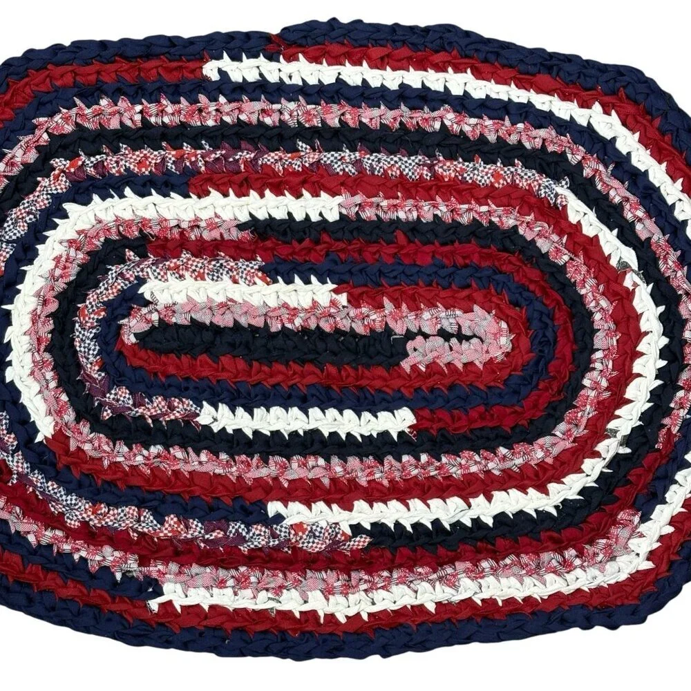 Handmade Knot Rug Oval Rag Rug Red White Blue
